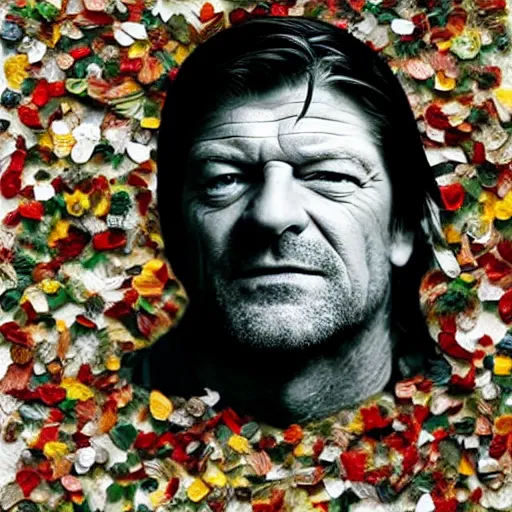 Image similar to a portrait of of sean bean constructed from beans, collage, drop shadow, organic, layered composition, layers, texture, mcu, petals, highly textured, layered, sculpted, dynamic,