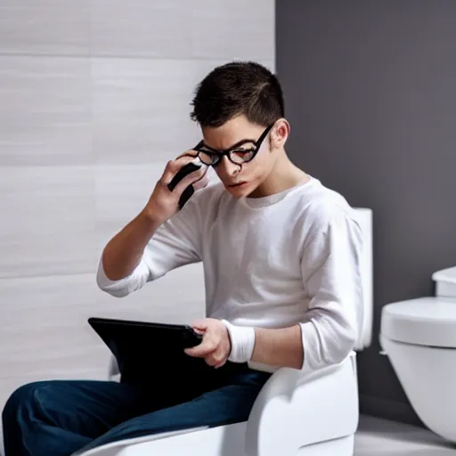 Prompt: a fully dressed thoughtful young man sitting on a prominent white toilet attentively staring at his smartphone, renaissance painting