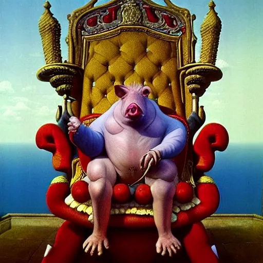 Image similar to a hyper realistic royal pig sits in his throne as a jester begs for his life moments before his demise, highly detailed, by zdzisław beksinski and norman rockwell and greg rutkowskiweta studio, and lucasfilm