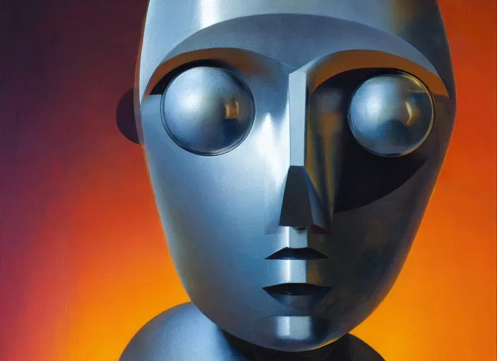 Image similar to asymmetrical portrait headshot of sci fi metallic human, bright eyes, melancholic complex geometric figure liminal biomechanical by oskar schlemmer, moebius, john berkey, film grain, oil on canvas, portrait facial head, featured on artstation, hd wallpaper, 8 k, bright colors, global radiant light