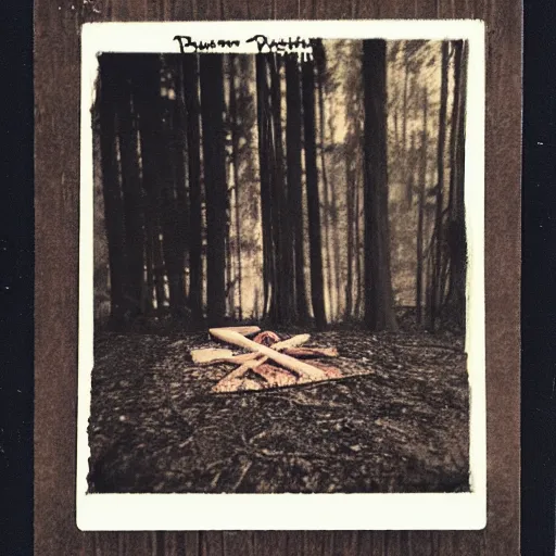 Prompt: occult human sacrifice in woods dark, Polaroid photo
