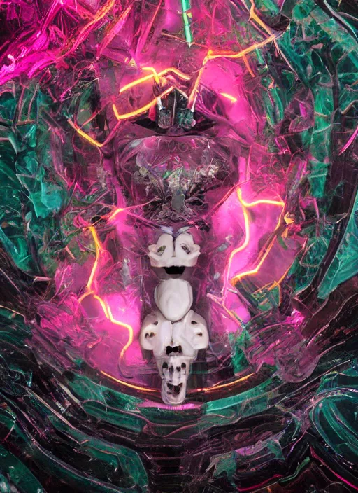 Image similar to photo of fullbodied baroque and bladerunner delicate neon diamond sculpture of robot onyx albino marble prince kai harvatz dotado pink iridescent skull psychedelic, reclining, glowing magenta face, crown of white diamonds, cinematic lighting, photorealistic, octane render 8 k depth of field 3 d