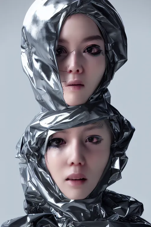 Image similar to cyborg girl kawaii wearing trash bag over her head, ultra realistic, concept art, intricate details, highly detailed, photorealistic, octane render, 8 k