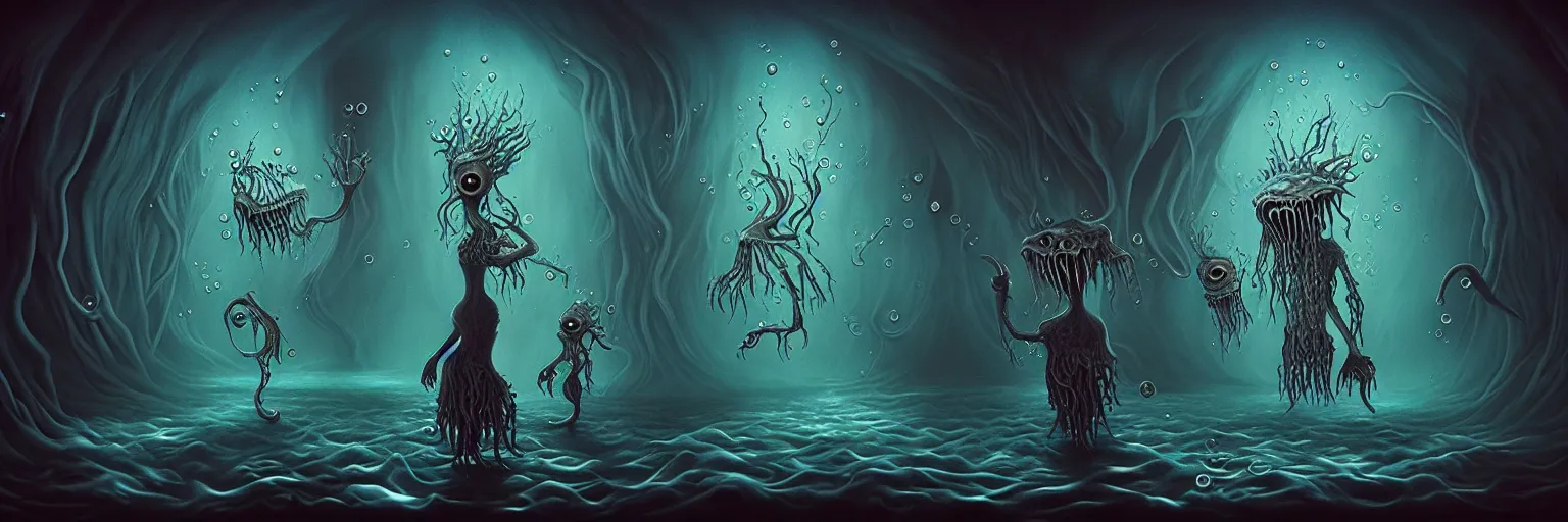 Image similar to whimsical watery alchemical monsters, surreal dark uncanny painting by ronny khalil