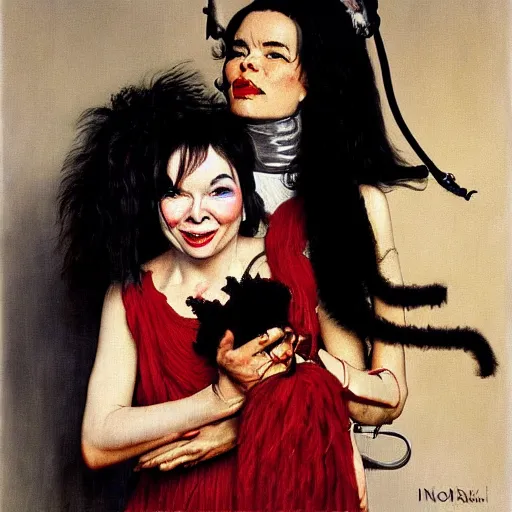 Image similar to a portrait painting of bjork and satan. Painted by Norman Rockwell
