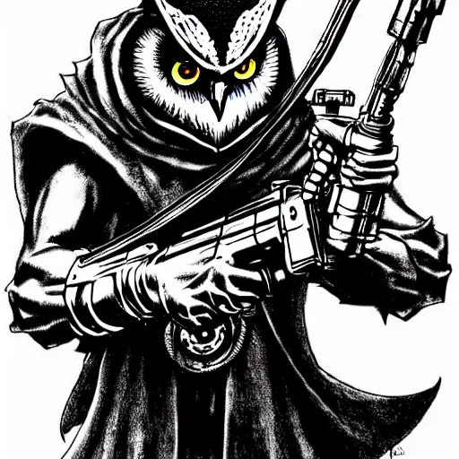 Prompt: Owl King carrying a machine gun (league of legends, 2009), artwork by kentaro miura, Kentaro Miura style, Berserk Style, High details, cinematic composition, manga, black and white ink style, a lot of details with ink shadows