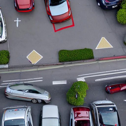 Image similar to A overhead shot taken from the second floor of a brown man parallel parking a white work van, in Vancouver, BC