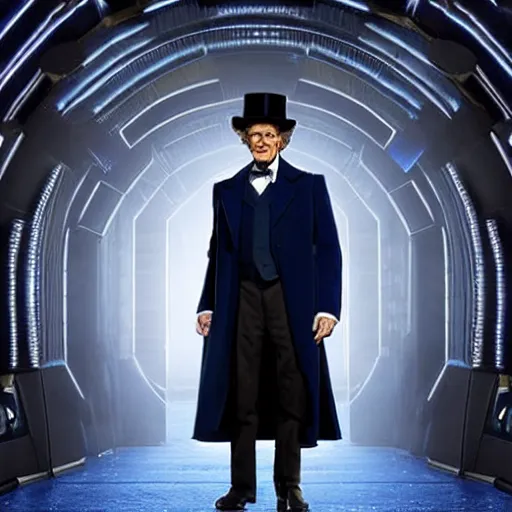 Image similar to willem dafoe as a man in a dark blue trenchcoat and tophat as the new doctor who, cinematic, volumetric lighting, f 8 aperture, cinematic eastman 5 3 8 4 film, photorealistic