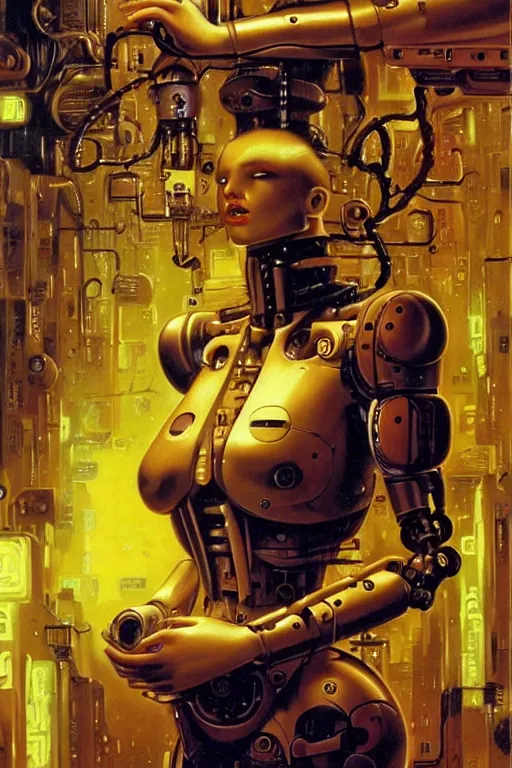 Prompt: a highly detailed retro futuristic female android with gears and other mechanical parts made out of pasta standing in a dank alleyway from blade runner, a robot made out of pasta, arms made out of spaghetti, body made out of macaroni, beautiful highly symmetric face, painting by Peter Andrew Jones and Greg Hildebrandt