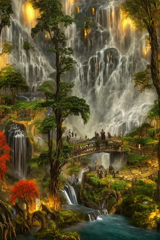 Image similar to wooden elven City with golden roofs, arches and bridges on top of a WATERFALL in the fall, gnarly trees, lush vegetation, forrest, a small stream runs beneath the waterfall, landscape, raphael lacoste, eddie mendoza, alex ross, john howe, concept art, matte painting, highly detailed, rule of thirds, dynamic lighting, cinematic, detailed, denoised, centerd, clean render