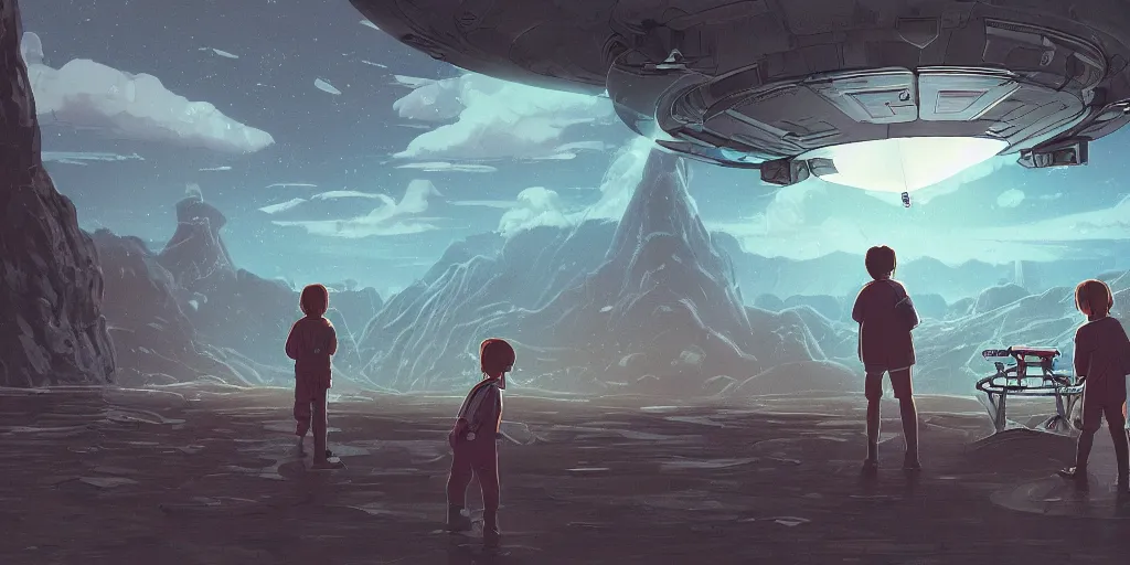 Image similar to highly detailed cell - shaded cartoon landscape with two boys looking at a miniature ufo 1 9 8 0 s science fiction, 1 9 7 0 s science fiction, cyberpunk, moody, misty, depth perception, 4 k, artstation, in the style of studio ghibli