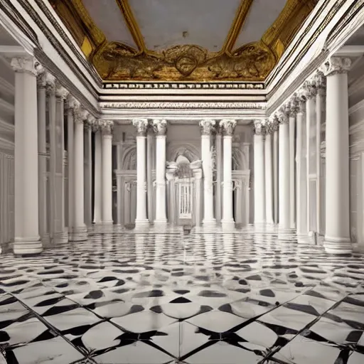 Image similar to grand empty marble museum, architecture, high ceiling, white walls, white floor, ivory, grand lighting, fantasy, ultra - realistic, big halls, ornate