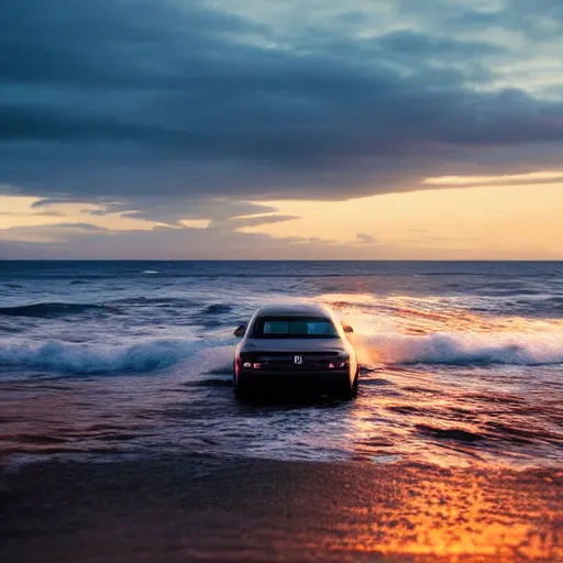 Image similar to movie still of a man driving a car into the ocean at sunset, golden hour