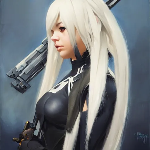 Image similar to greg manchess portrait painting of a 2 yorha type a no. 2 as overwatch character, white long hair, medium shot, asymmetrical, profile picture, organic painting, sunny day, matte painting, bold shapes, hard edges, street art, trending on artstation, by huang guangjian and gil elvgren and sachin teng