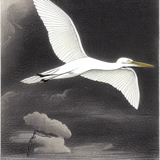 Prompt: a flying egret, by john-audubon and gustave-dore