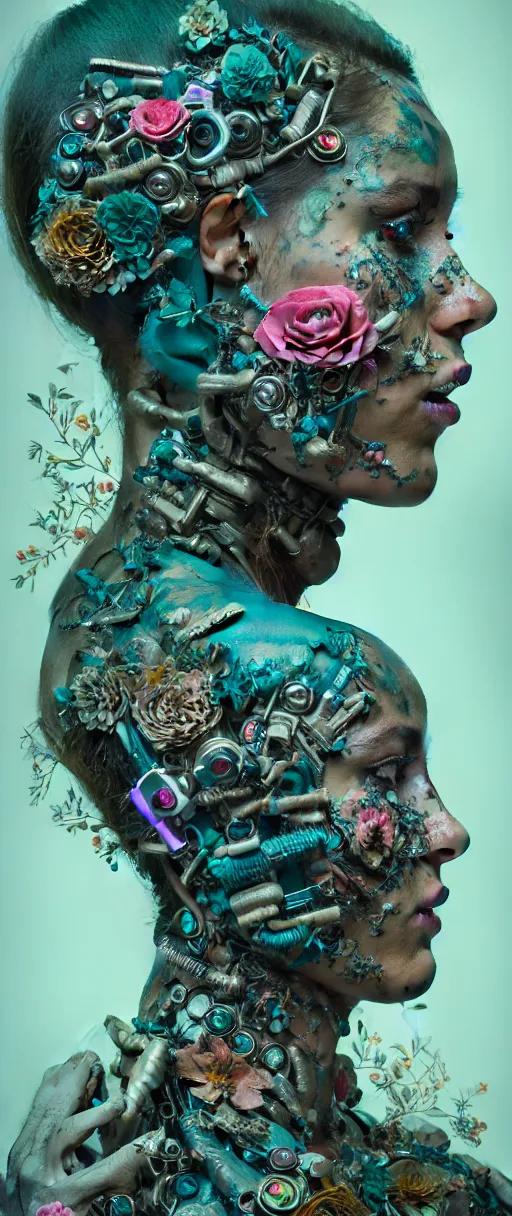 Image similar to hyperrealistic hyper detailed neo-surreal close-up 35mm side portrait of cyborg covered in rococo flower tattoos matte painting concept art hannah yata very dramatic dark teal lighting low angle hd 8k sharp shallow depth of field