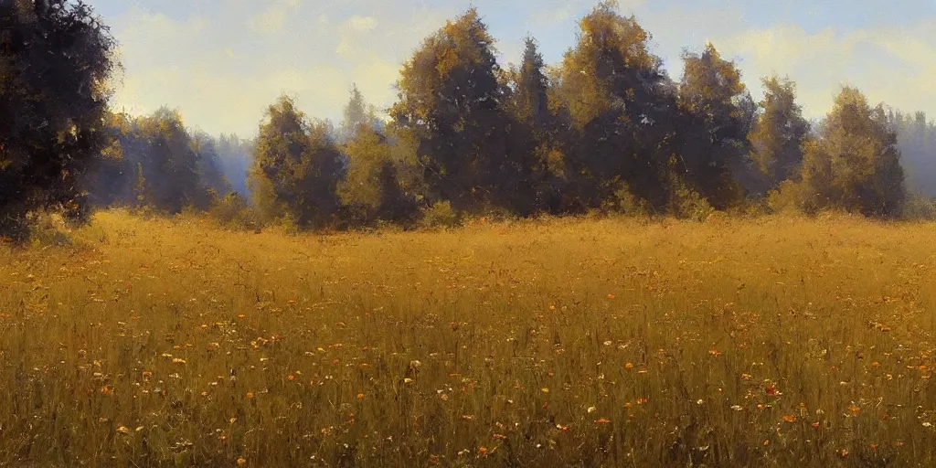 Image similar to an oil painting of a beautiful meadow; masterpiece; extremely-detailed; by Craig Mullins