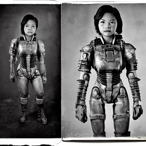 Image similar to A Filipino girl wearing Fallout 3 power armor, portrait, by Diane Arbus