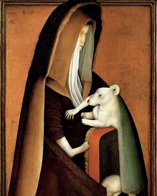 Image similar to Lady with an Ermine by Leonardo painting by Hieronymus Bosch