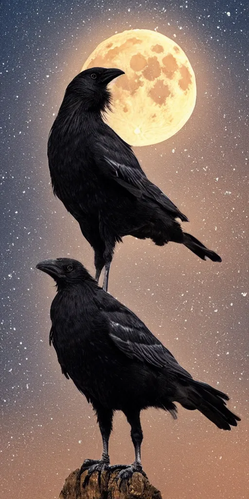 Prompt: close up portrait of one crow in front of the full big moon, fantasy digital art, high definition, 8k, high details, high quality, golden and silver colors, glowing lights in the background