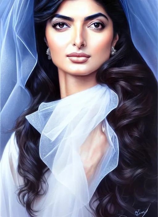 Image similar to beautiful ameera al taweel, blue eyes, long wavy black hair, transparent white veil, front, in the style of stefan kostic, realistic, sharp focus, 8k high definition, insanely detailed, intricate, elegant, art by stanley lau and artgerm