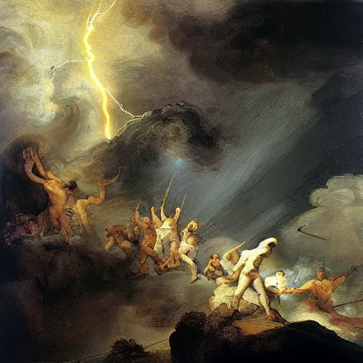 Prompt: Zeus hurling a massive lightning bolt at Mount Olympus, painting by Rembrandt, oil on canvas
