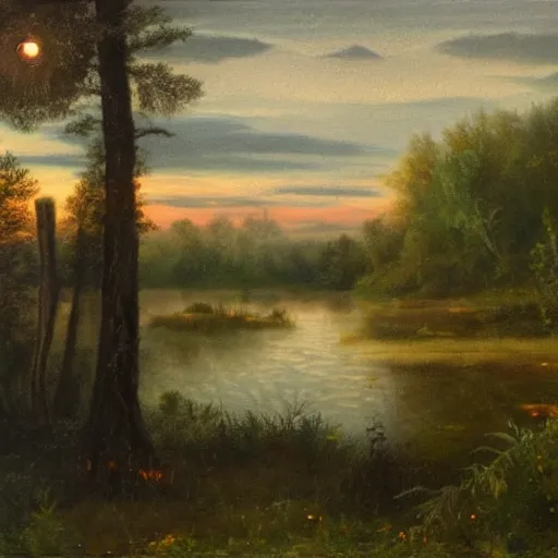 Prompt: will o'the wisp at twilight floating over a clearing in the forest next to a pond, highly detailed, oil painting