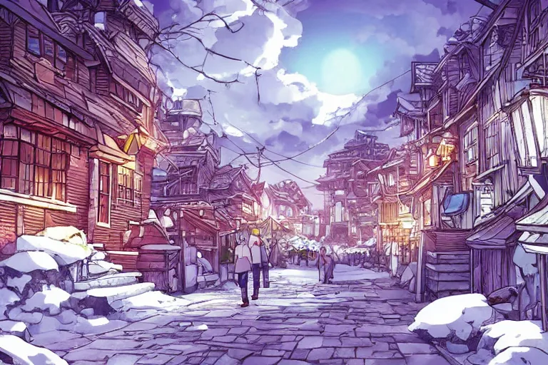Prompt: cell shaded anime key visual of a fantasy city in the tundra, snowy, in the style of studio ghibli, moebius, makoto shinkai, dramatic lighting