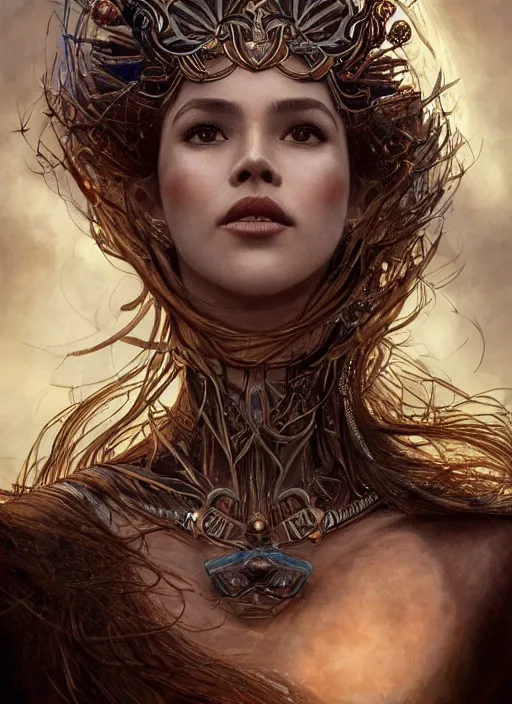 Image similar to portrait of Catriona Gray as a ever reaching Goddess of despair, cinematic, intricate story, blind and hungry souls around. a futuristic diety, fantasy, intricate, elegant, human anatomy, natural light, golden hour, highly detailed, digital painting, artstation, wide angle, smooth, sharp focus, illustration, art by brom, tian zi and WLOP and alphonse mucha, masterpiece, 3d blender, mitch foust, Clyde Caldwell, dof