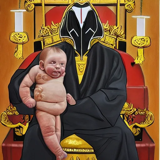 Image similar to hyperrealism oil painting of a handsome man, strong jaw, symmetrical, sitting in a gilded throne, tubes coming out of the man's arm, getting a blood transfusion from a baby. plague doctor in the background. in the style of brutalism mixed with retro japanese book art