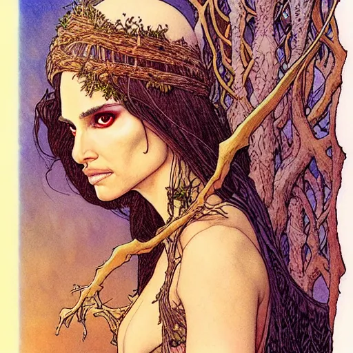 Prompt: a realistic and very beautiful and atmospheric portrait of natalie portman as a druidic wizard looking at the camera with an intelligent but seductive gaze by rebecca guay, michael kaluta, charles vess and jean moebius giraud