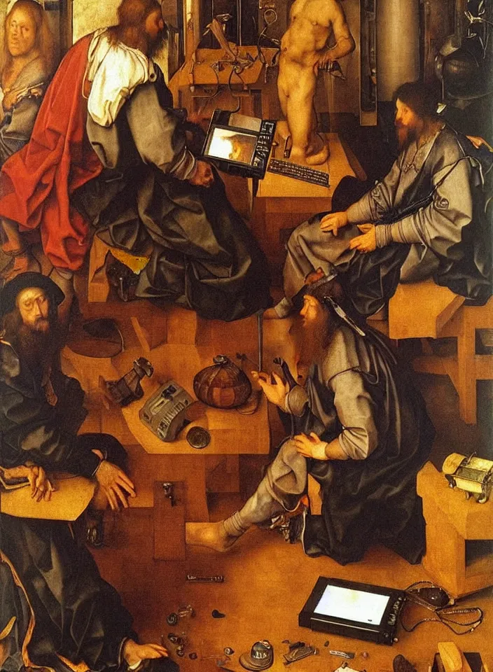 Image similar to Men playing video games on CRT television using Atari joysticks. Painting by Albrecht Dürer. Intricate details. hyper realism. Masterpiece.