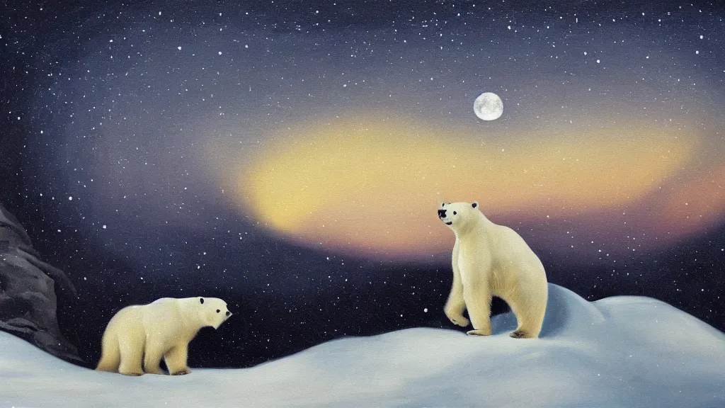 Image similar to an oil painting of a polar bear traversing a snowy landscape at night, the northern lights and the moon are visible