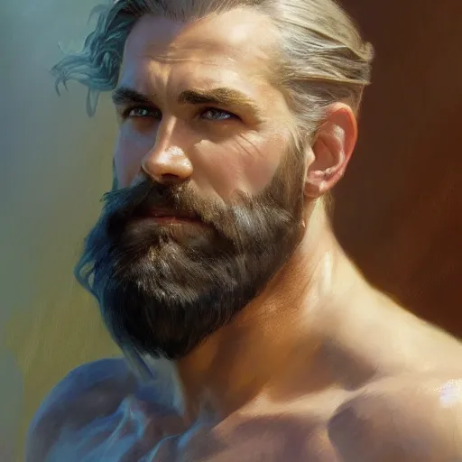 Prompt: detailed cinematic wide shot of muscular attractive masculine sea captain man beard slim face symettrical face clean skin blue eyes white hair, ultra realistic, spring light, painting by gaston bussiere, craig mullins, j. c. leyendecker