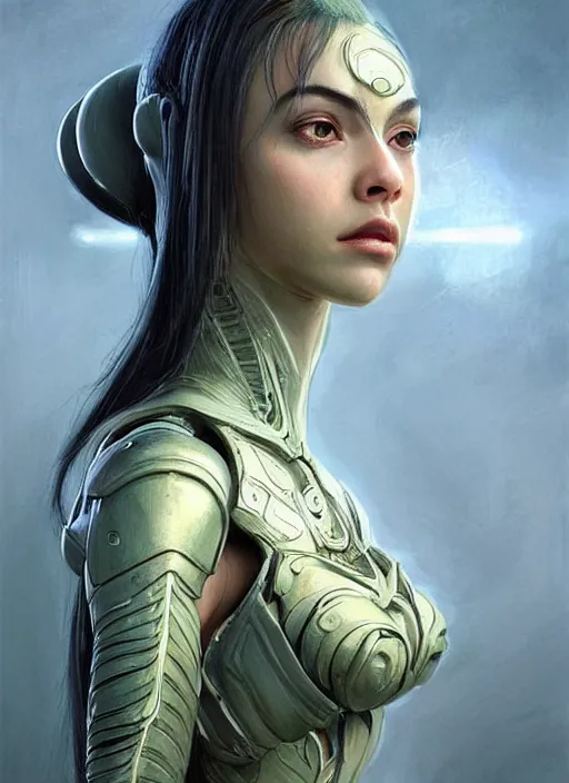 Image similar to a professional painting of a beautiful young female alien, clothed in ethereal armor, olive skin, long dark hair, beautiful bone structure, symmetrical facial features, intricate, elegant, digital painting, concept art, smooth, sharp focus, illustration, from Valerian and the City of a Thousand Planets, by Ruan Jia and Mandy Jurgens and Artgerm and William-Adolphe Bouguerea