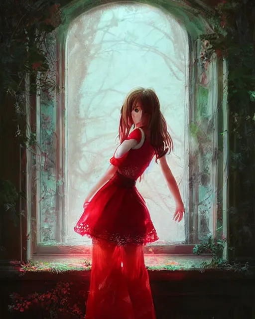 Image similar to aerith gainsborough in red lace skirt, portrait, illustration, rim light, top light, perfectly shaded, spring time, slight overcat lighting, soft painting, art by krenz cushart and wenjun lin