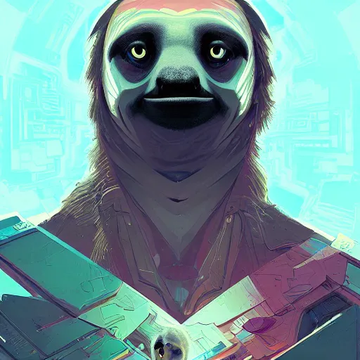 Image similar to sloth as defcon character, digital illustration portrait design, by android jones and greg rutkowski, retrowave color scheme, detailed, cinematic lighting, wide angle action dynamic portrait