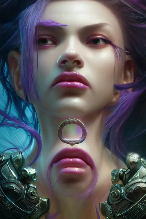 Image similar to ultra detailed, cinematic closeup photo of beautiful, female android deity, sharp focus, no blur, studio photo, model, floodlight. calm, angry, fantasy art, octane render, unreal engine. flowerpunk, noir. photorealistic concept art, triadic color scheme. art by artgerm and wlop and giger and greg rutkowski and alphonse mucha, 8 k