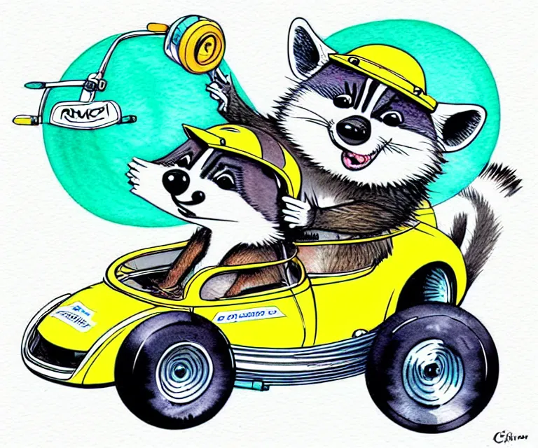 Image similar to cute and funny, racoon wearing a helmet riding in a tiny merlyn formula ford, ratfink style by ed roth, centered award winning watercolor pen illustration, isometric illustration by chihiro iwasaki, edited by range murata