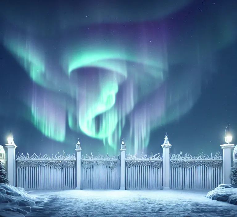 Image similar to a very detailed concept art of intricate and scandinavian white gates to aurora borealis, trending on artstation, symmetry, digital art, 4 k, hyper realistic, octane render, sharp focus