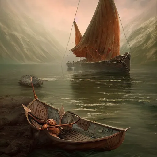 Prompt: viking in boat landscape photprealism ultradetailed digital art, irina french, heraldo ortega, mandy jurgens, golden ratio, art canvas, award winning, masterpiece trending on artstation 8 k 1 5 0 mpx