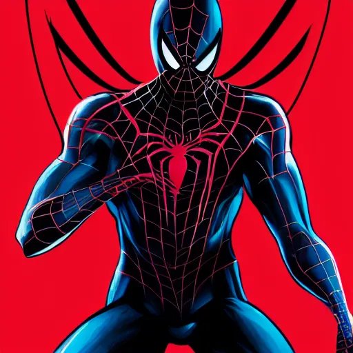 Image similar to spider-man wearing his black symbiote costume, red webs shooting from his eye sockets and finger tips, crouching in the center of a red web, by artgem and rossdraws, artstation