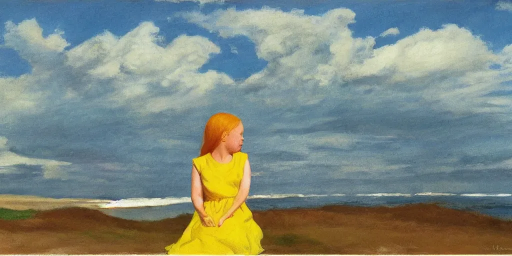 Prompt: girl with strawberry blonde hair wearing a yellow sundress sitting on a beach by the ocean, sunset, god rays, big clouds, pastels, edward hopper, andrew wyeth