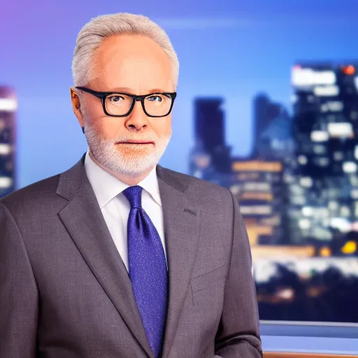 Prompt: a still of Wolf Blitzer . Shallow depth of field. City at night in background, lights, colors ,studio lighting, mood, 4K. Profession photography