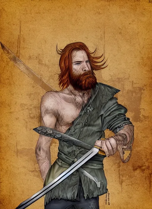 Prompt: grungy redhead 30-something scruffy bearded shoulder-length hair swordsman holding a short curved sword in a ultradetailed pacific northwest redcedar forest, smooth. sharp focus, grunge dingy high quality digital art detailed,