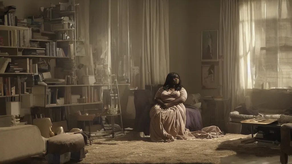 Image similar to stunning screenshot of Octavia Spencer alone in her studio apartment, moody, sad scene from the movie PT Anderson, she is plugged into the virtual world at night, art house, award winning film, portrait, 3D rendered lighting, stunning cinematography by Hoyte van Hoytema