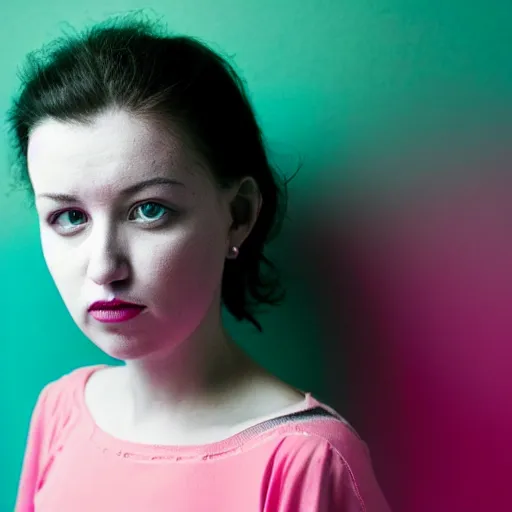 Prompt: photo of a woman. cyan and pink. moody and melanchonic.