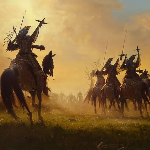 Prompt: an extremely detailed matte painting the polish winged hussars charging ottoman artillery, heroic charge, epic fantasy, viewed in profile from very far away, sharp focus, detailed face, art by greg rutkowski and alphonse mucha in an anime style, volumetric lighting, 4 k resolution, artstation