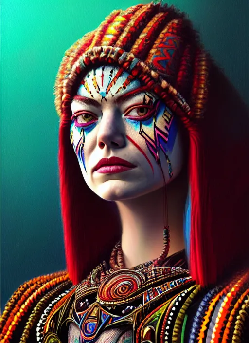 Image similar to portrait of emma stone, hyper detailed ultra sharp aztec shaman warrior. trending on artstation, warpaint aesthetic, bloodwave, colorful, psychedelic, ornate, intricate, digital painting, concept art, smooth, sharp focus, illustration, art by artgerm and greg rutkowski and h. r. giger, 8 k