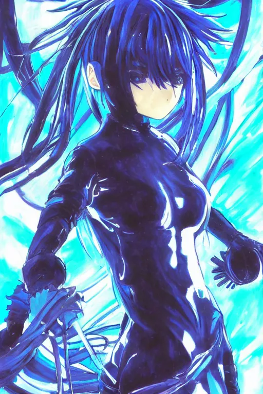 Prompt: beautiful coherent award-winning manga cover art of a mysterious lonely blue-haired anime girl wearing a plugsuit, serial experiments lain, neon genesis evnagelion, painted by tsutomu nihei